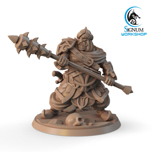 A detailed 3D printed miniature figure of a warrior in a dynamic pose, holding a spiked mace. The Warrior of the Caliphate - Signum Workshop - 3d Print, perfect for Dungeons and Dragons, is dressed in elaborate armor with cloth elements, and a skull rests at his feet on the circular base. The Signum Workshop logo is visible in the top right corner.