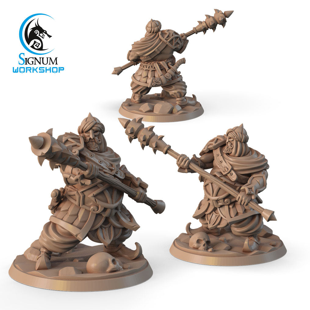 This image showcases three "Warrior of the Caliphate - Signum Workshop - 3d Print" figures in elaborate armor, each holding a spiked weapon. They are positioned on rocky bases with prominent skull details, reminiscent of Dungeons and Dragons characters. The logo of "Signum Workshop" is visible in the top left corner.