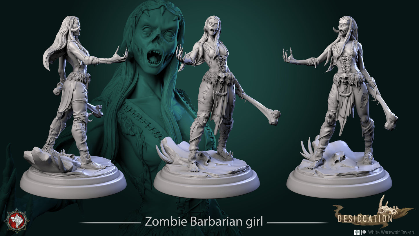 Three views of a detailed resin miniature labeled "Zombie Barbarian Girl - Resin 3d Print - WWT." The figure, perfect for wargames, depicts a zombie with long hair, skeletal features, and tattered clothing, holding a large bone in one hand. The background includes a close-up of the figure's face.