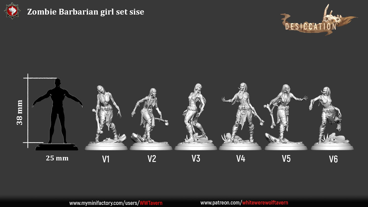 Image displays six resin miniatures of the "Zombie Barbarian Girl - Resin 3D Print - WWT," labeled V1 to V6, each featuring different poses and weapons. The figures are mounted on stands with a scale silhouette that indicates a height of 38 mm on a 25 mm base. An excellent choice for wargames and collectors alike.