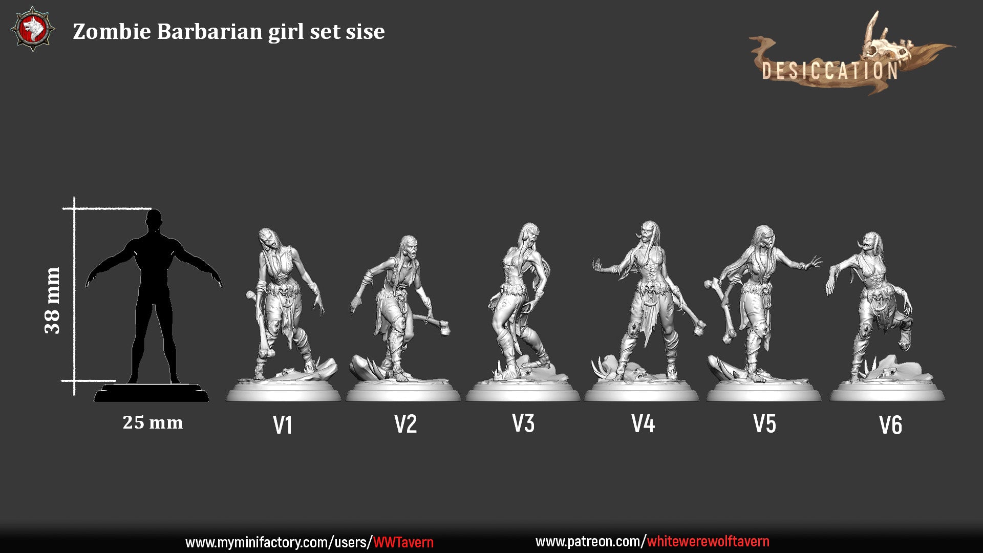 Image displays six resin miniatures of the "Zombie Barbarian Girl - Resin 3D Print - WWT," labeled V1 to V6, each featuring different poses and weapons. The figures are mounted on stands with a scale silhouette that indicates a height of 38 mm on a 25 mm base. An excellent choice for wargames and collectors alike.