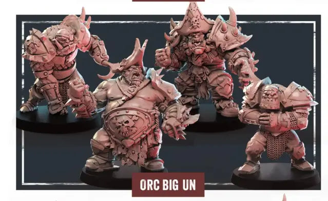 Displayed prominently is a set of four intricately designed resin miniatures labeled "Storm Coast Marauders - Orc Big Un." Each orc figurine is adorned in detailed armor, brandishing unique weapons and showcasing fierce expressions. The dark backdrop enhances the intensity of the scene.