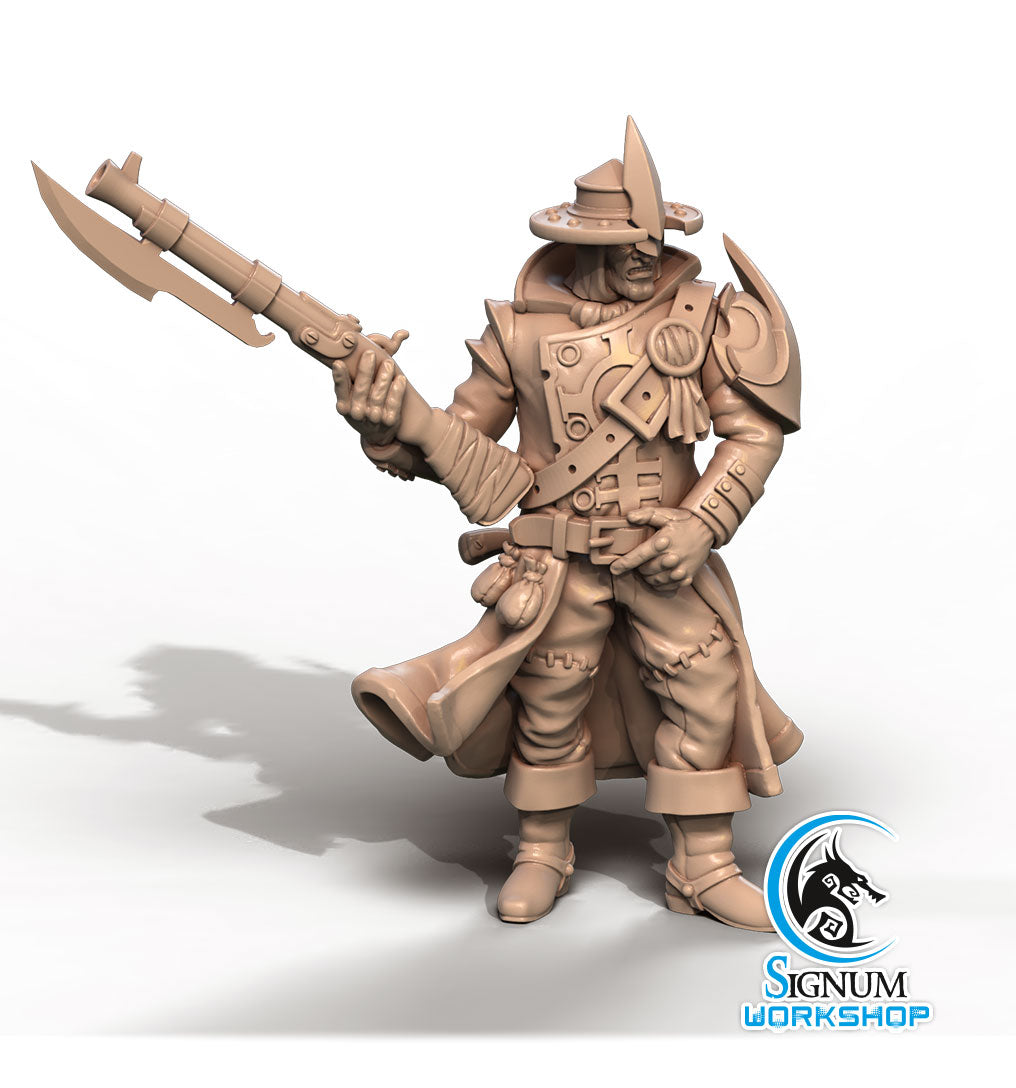 A detailed 3D-printed miniature of Herrick, 17th Infantry Regiment - Signum Workshop - 3d Print, holding a rifle. The character wears a wide-brimmed hat, long coat, and various decorative armor pieces, reminiscent of Dungeons and Dragons adventurers. Positioned on a plain, light-colored surface, the Signum Workshop logo is visible in the corner.