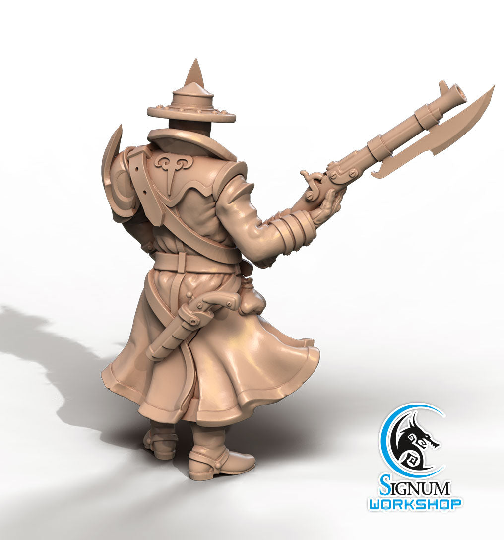 A highly detailed, 3D printed miniature of Herrick, 17th Infantry Regiment - Signum Workshop - 3d Print, wearing a broad hat and a long coat, holding a hybrid weapon that combines a rifle and a halberd. The figure is unpainted and positioned with its back turned. Signum Workshop logo in the corner.