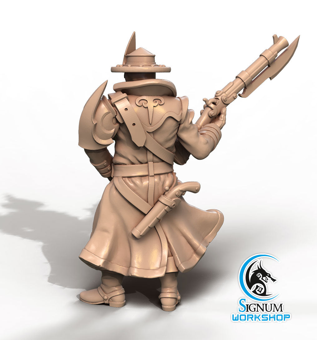 A detailed 3D-printed miniature figure of a futuristic gunslinger dressed in a long coat and wide-brimmed hat. Wielding a large rifle with a pistol holstered at their side, it showcases intricate design elements perfect for Dungeons and Dragons campaigns. The Herrick, 17th Infantry Regiment - Signum Workshop - 3d Print logo is visible in the corner.