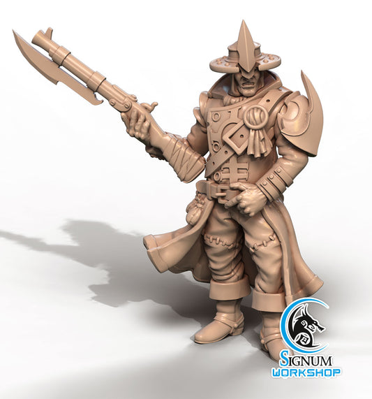 A highly detailed 3D-printed miniature figurine of a steampunk warrior, equipped with a wide-brimmed hat, goggles, and a large, ornate rifle. Perfect for Dungeons and Dragons campaigns, Herrick, 17th Infantry Regiment - Signum Workshop - 3d Print features intricate armor and accessories, standing in a dynamic pose.
