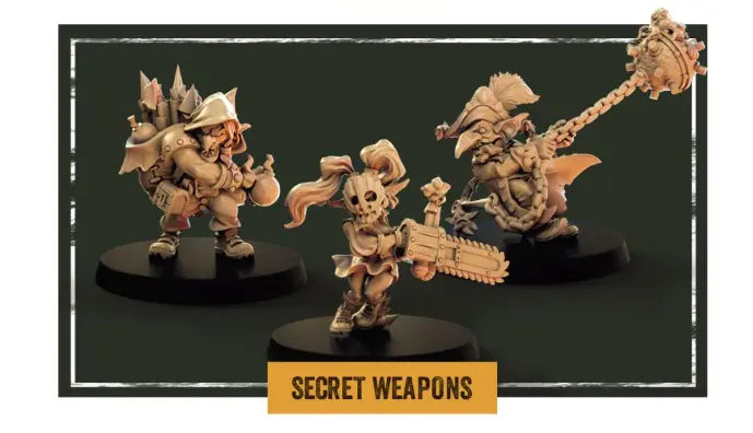 The Storm Coast Vandals - Secret Weapons set includes three wargames miniatures on black bases: one features a helmet and backpack of tools, another is equipped with a skull mask and chainsaw weapon, and the third wields a large spiked mace. Each resin figure is marked by the "Secret Weapon Models" label on a vibrant yellow banner.