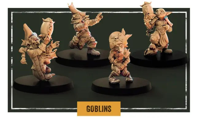 Four resin goblin miniatures with exaggerated features, clad in pointy hats and wielding various weapons, are positioned on black bases. Against a dark green backdrop, the highlighted label "Storm Coast Vandals - Goblins" makes them an ideal addition to your wargames collection.