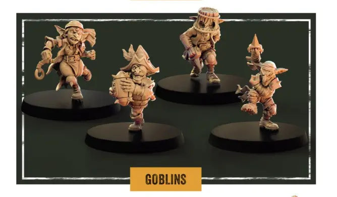 Displayed on black stands, the Storm Coast Vandals - Goblins models feature various poses and outfits. Their menacing charm is further highlighted by a dark green backdrop, with a label reading "Storm Coast Vandals - Goblins" below, making them perfect for wargames enthusiasts.