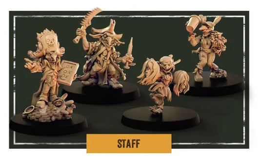 The Storm Coast Vandals - Staff set offers four intricately detailed resin miniatures, ideal for wargames. This collection showcases unique characters: a creature donning a mask and wielding an axe, a pirate equipped with both sword and pistol, a stealthy figure armed with a dagger, and a bearded character holding a cup.