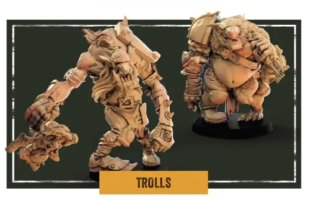 Two intricately designed Storm Coast Vandals miniatures showcase troll figures with exaggerated features and armor. One figure features long hair and a mechanical arm, while the other is more robust with a spiky shoulder pad. Ideal for wargames, both models are set against a dark backdrop and labeled "Troll Models.